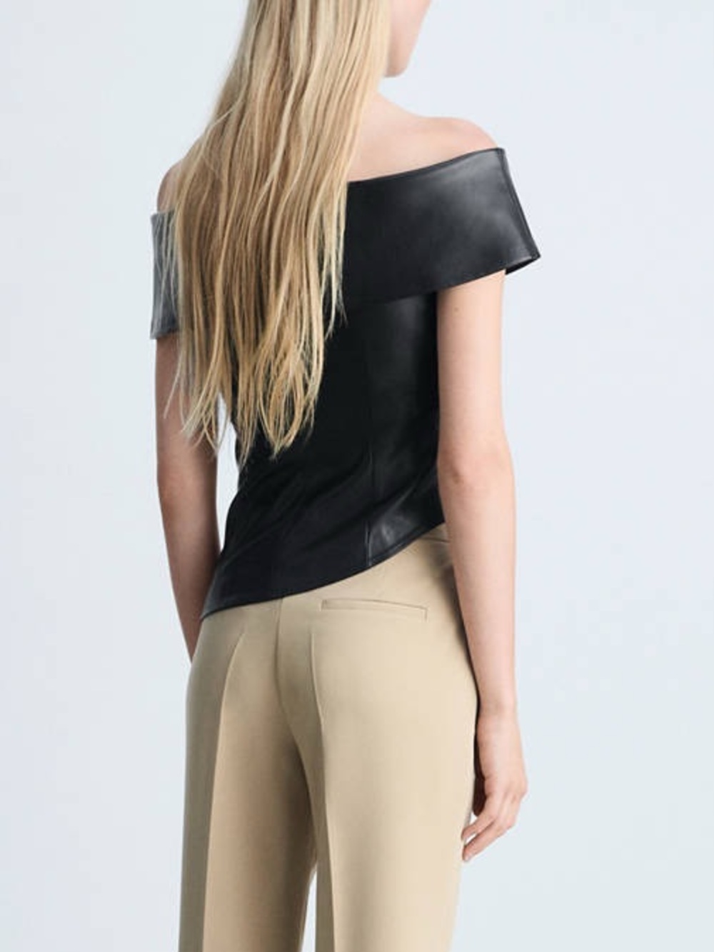 Mango Black Faux Leather Off Shoulder Top Size Large Ruched Side Party Glam NWT - Picture 4 of 15